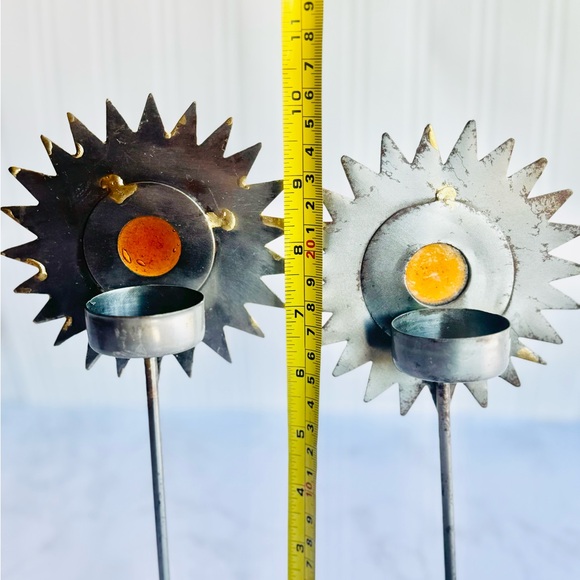 Vintage torch cut welded metal brutalist Sun votive candle holders - Picture 5 of 7